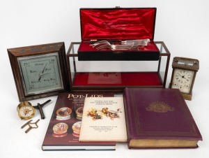 Vintage aneroid barometer, carriage clock, table clock, silver plated cutlery in case, universal watch key, an antique rifle cleaning tool and a Chinese miniature display cabinet; together with three books, 19th and 20th century, (9 items), the cabinet 40