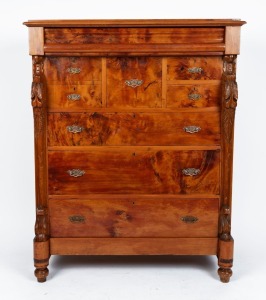 An antique Australian huon pine chest of eight drawers with finely selected cuts of birdseye, 19th century, 144cm high, 117cm wide, 57cm deep