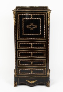 An antique French&nbsp;escritoire with serpentine front, mother of pearl kingwood and brass inlay with ormolu mounts and green marble top, interior attractively finished in birdseye maple veneer, circa 1870, 124cm high, 65cm wide, 36cm deep