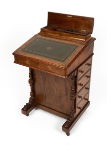 An antique English walnut Davenport with embossed and tooled green leather top, circa 1875, 86cm high, 53cm wide, 54cm deep