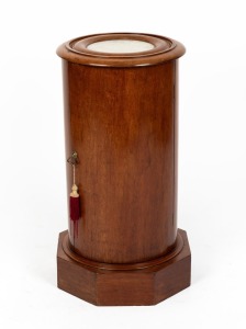 An antique English mahogany cylindrical pedestal cabinet with white Carrara&nbsp;marble insert top and single door, circa 1880, 73cm high, 39cm wide, 39cm deep