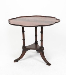 A vintage mahogany occasional table in the 18th century style with scalloped edge top and tri-form column base, 20th century, ​​​​​​​54cm high, 66cm wide, 66cm deep