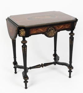 A fine quality antique French drop-leaf occasional table with cross frame stretcher base, marquetry inlay, single drawer and cast ormolu mounts, circa 1860, 74cm high, 70cm wide (103cm extended), 51cm deep