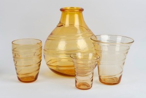 WHITEFRIARS four English golden amber glass vases with ribbon trail decoration, designed by Barnaby Powell, mid 20th century, the largest 33cm high