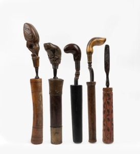 Five assorted antique chisels, mostly carved horn handle examples, South East Asian origin, 19th century, the largest 27cm long