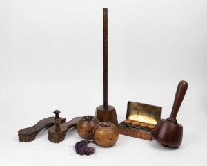 Antique draughts pieces, antique timber shop display stand, timber mallet, unusual pair of antique Indian peasant's shoes and a pair of antique lignum vitae equine stable chog log tether, 19th and 20th century