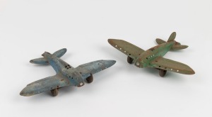 Two c. 1930s pressed sheet steel toy aeroplanes, each 21.5cm wingtip to wingtip. (2 items)