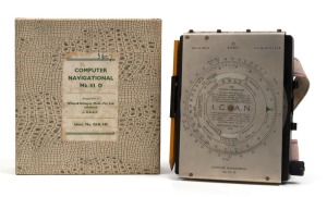 RAAF Mk. III D manual operation aircraft navigation computer [#2798] in original box, c. 1940s, with straps for wearing on pilot's leg. Manufactured in Melbourne by White & Gillespie.