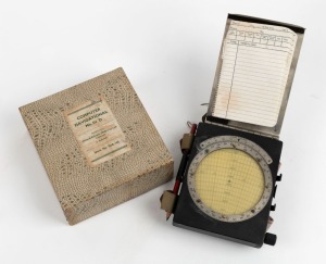 RAAF Mk. III D manual operation aircraft navigation computer [#3609] in original box, c. 1940s, with straps for wearing on pilot's leg. Manufactured in Melbourne by White & Gillespie.