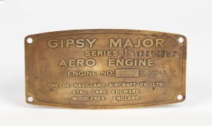 De Havilland Gipsy Major Series I aircraft engine brass plate, c. 1930s, approx. 153mm x 78mm.