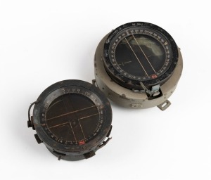 Two c. 1940s Type P8 aircraft compasses - one 13.5cm in diameter with serial #AWA/2214 36IPII, the other #126234 K, 10.5cm in diameter. (2 items)