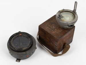 Two c. 1940s R.A.A.F. aircraft compasses - one 10cm diameter 6B/34 Medium Landing Compass in original wooden box, and one Type P8, 13.5cm in diameter. (2 items)