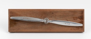 Australian National Airways metal propeller mounted on 26 x 8cm wooden block, c. 1940s.