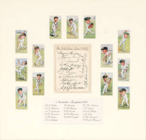 1926 AUSTRALIAN TEAM, display comprising autograph page with 12 signatures including Bill Woodfull, Bill Ponsford & Clarrie Grimmett, window mounted with 13 cigarette cards, framed & glazed, overall 50x49cm.