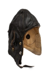 Australian-made leather flying helmet with "Stagg's Australia" embroidered label. These helmets are thought to&nbsp;have been employed by RAAF aircrew in Malaya c. 1941-42.