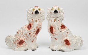 STAFFORDSHIRE pair of antique English pottery spaniel statues, 19th century, 33cm high