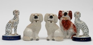 STAFFORDSHIRE group of five antique English pottery dog statues, comprising of a pair of French poodles, a pair of Dalmatians and a spaniel, 19th century, the largest 13cm high