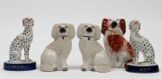STAFFORDSHIRE&nbsp;group of five&nbsp;antique English pottery dog statues, comprising of a pair of French&nbsp;poodles, a pair of Dalmatians and a spaniel, 19th century, the largest 13cm high