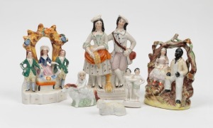 STAFFORDSHIRE group of six assorted English pottery statues, including "Uncle Tom's Cabin", sheep, girl on a dog, etc., 19th century, the largest 20cm high