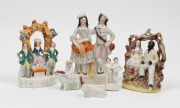 STAFFORDSHIRE&nbsp;group of six assorted English pottery statues, including "Uncle Tom's Cabin", sheep, girl on a dog, etc., 19th century, the largest 20cm high