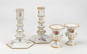 MEISSEN pair of antique German floral porcelain miniature urns and a pair of candlesticks, 19th century, (4 items), blue crossed sword marks to the bases, the largest 13cm high