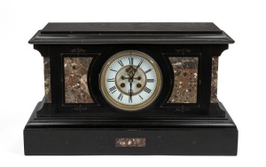 An antique French mantle clock in black slate and marble case, eight day time and strike movement, 19th century, 26cm high
