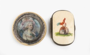 An antique ivory and silver snuff box with hand-painted miniature portrait to the top; together with an antique ivory and silver coin purse with hand-painted top and original purple silk interior, 19th century, ​​​​​​​the snuff box 7.5cm diameter