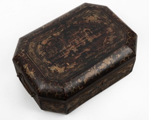 An antique Chinese lacquered workbox, 19th century, 13cm high, 32cm wide, 23cm deep