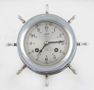 SCHATZ "Ships Bell" nickel plated German maritime wall clock with eight day time and strike movement sounding the ships watches, 16.5cm wide