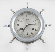 SCHATZ "Ships Bell" nickel plated German maritime wall clock with eight day time and strike movement sounding the ships watches, 16.5cm wide