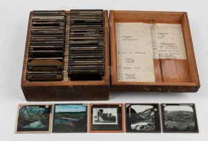 A range of glass magic-lantern slides in a storage box; circa 1910s, with subjects including British Isles, Africa, Switzerland, etc. (50+).