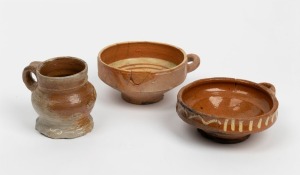 Three assorted antique Dutch pottery vessels, 15th and 18th century, the largest 16cm wide