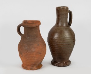 Two antique pottery wine jugs, Western European / Rhineland, 15th/16th century, 28cm and 22m high