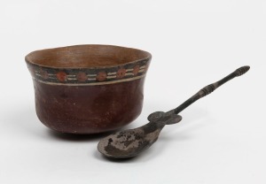 Nazca polychrome pottery bowl; together with a silver spoon, Peruvian origin, 3rd and 16th century, the spoon 17cm long