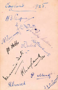 1928-29 ENGLAND TEAM, autograph page with 12 signatures including Percy Chapman (captain), J.B.Hobbs, Douglas Jardine (captain of the 1932-33 Bodyline team), Maurice Tate & Harold Larwood. Also another page signed by two umpires in Victoria v England matc