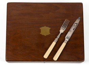 An antique silver plated fish cutlery set with sterling silver collars and bone handles in original walnut canteen, 19th/20th century, the canteen 30cm wide