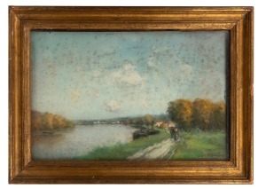 ARTIST UNKNOWN, impressionist French river scene, pastel, signed lower right (illegible), 27 x 41cm, 36 x 50cm overall