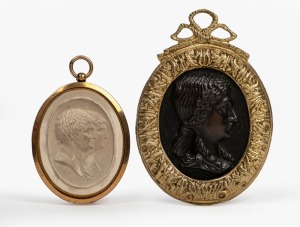 Antique bronze profile plaque; together with a carved fired plaster double profile classical portrait miniature in rose gold mount, 19th century, (2 items), ​​​​​​​9.5cm and 7cm high overall