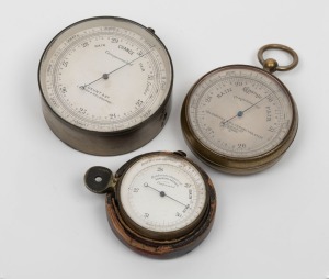 T. GAUNT & Co. barometer; together with a Goldsmiths & Silversmiths of London pocket barometer and a Hutchinson's Improved surveying aneroid pocket barometer, 19th century, (3 items), the largest 9cm high including bow