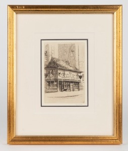 Four assorted framed artworks comprising two etchings by Ray Allan and Cecil Forbes, an ink sketch of fish by Anne Miles and lithograph titled "Wine Makes You Happy", the largest 33 x 36cm overall
