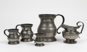 A set of four antique pewter measures, quarter gill to pint; together with a pewter jug, 18th/19th century, (5 items)