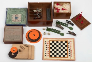 ANTIQUE GAMES: A handsome miniature carved bone chess set in mahogany box, horse racing game in mahogany box, "The Brahmin's Rings" in original card box, "De La Rue & Co.'s" combined pocket chess and draughts board with chess and draftsmen, attractively l