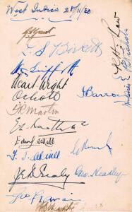 1930-31 WEST INDIES TEAM TO AUSTRALIA, autograph page with 17 signatures including George Headley (the black Bradman), Jackie Grant (captain) & Herman Griffith; also the two umpires in the Victoria v West Indies match. From the collection of umpire Herber