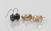 JAN LOGAN pair of&nbsp;natural black pearl ladies earrings; together with a pair of two toned 9ct gold crossover hoop earrings