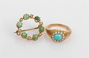 An antique yellow gold ladies ring with central cabochon turquoise surrounded by a band of seed pearls; together with a ladies 9ct gold brooch decorated with seed pearls and green hardstone, 19th and 20th century, (2 items)