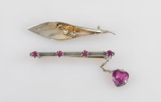 A sterling silver leaf brooch; together with a sterling silver and amethyst brooch by Charles Horner, (2 items), bearing Chester hallmarks, the larger 4.5cm wide
