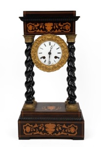 An antique French Portico clock with eight day time and strike movement, 19th century, note: missing pendulum and damage to dial, 42cm high