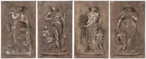 A set of four antique silver plated panels depicting the four seasons, 19th century, 33.5 x 20cm each overall