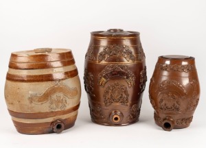Three antique English stoneware cordial barrels, 19th century, the largest 37cm high