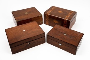 Four assorted antique timber boxes including rosewood and walnut, 19th century, ​​​​​​​the largest 27cm wide